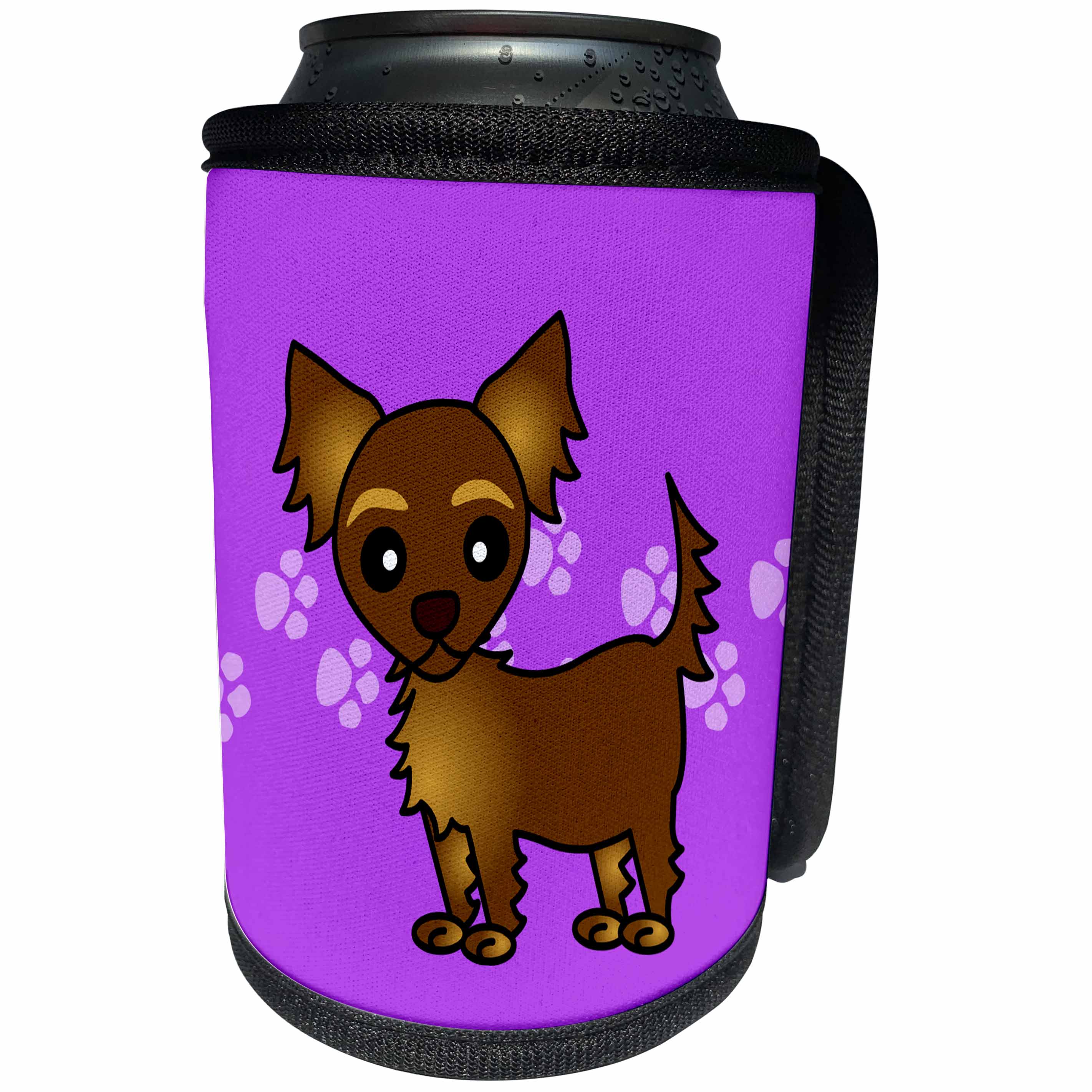 3dRose Janna Salak Designs Dogs - Cute Chocolate Brown Longhaired Chihuahua Purple with Pawprints - Can Cooler Bottle Wrap (cc_28473)