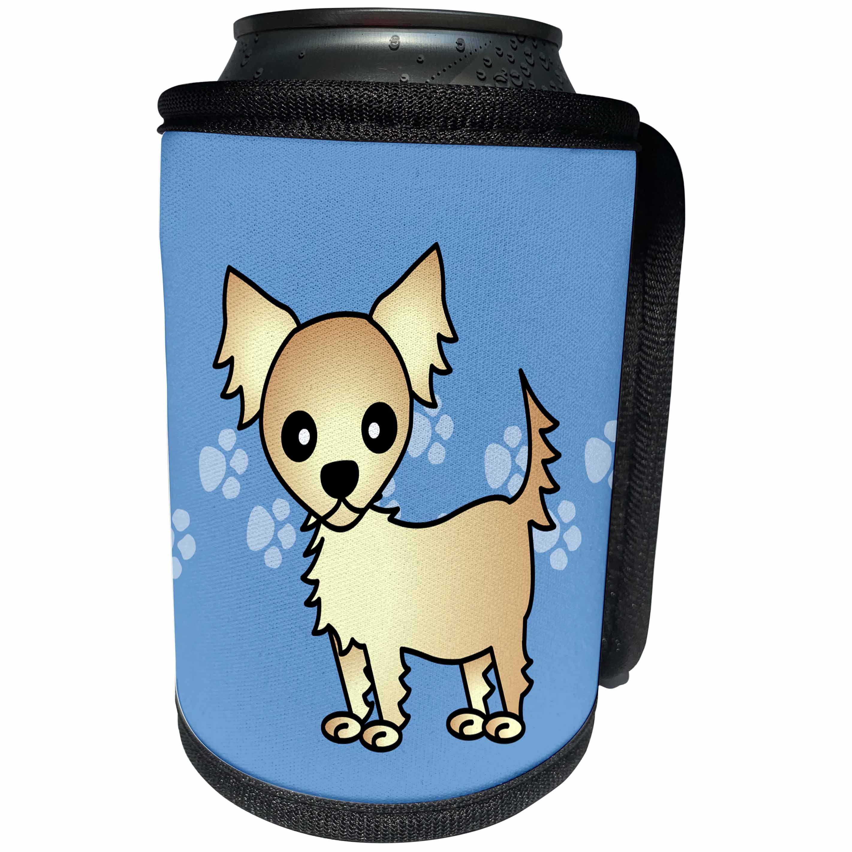 3dRose Janna Salak Designs Dogs - Cute Cream Tan Longhaired Chihuahua Blue with Pawprints - Can Cooler Bottle Wrap (cc_28477)