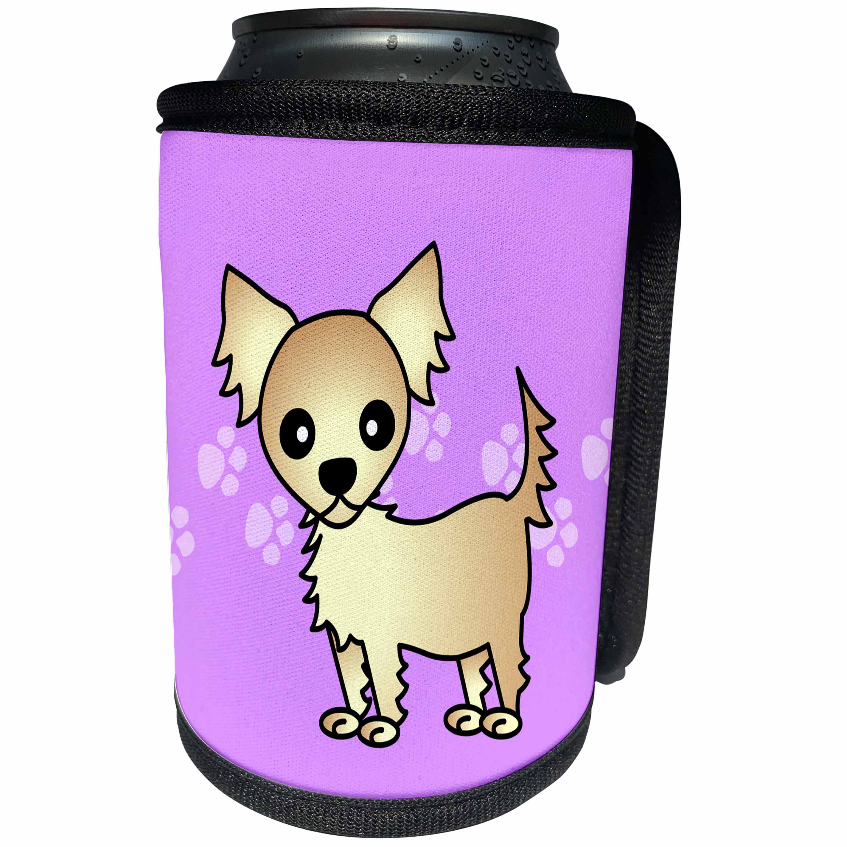 3dRose Janna Salak Designs Dogs - Cute Cream Tan Longhaired Chihuahua Purple with Pawprints - Can Cooler Bottle Wrap (cc_28478)
