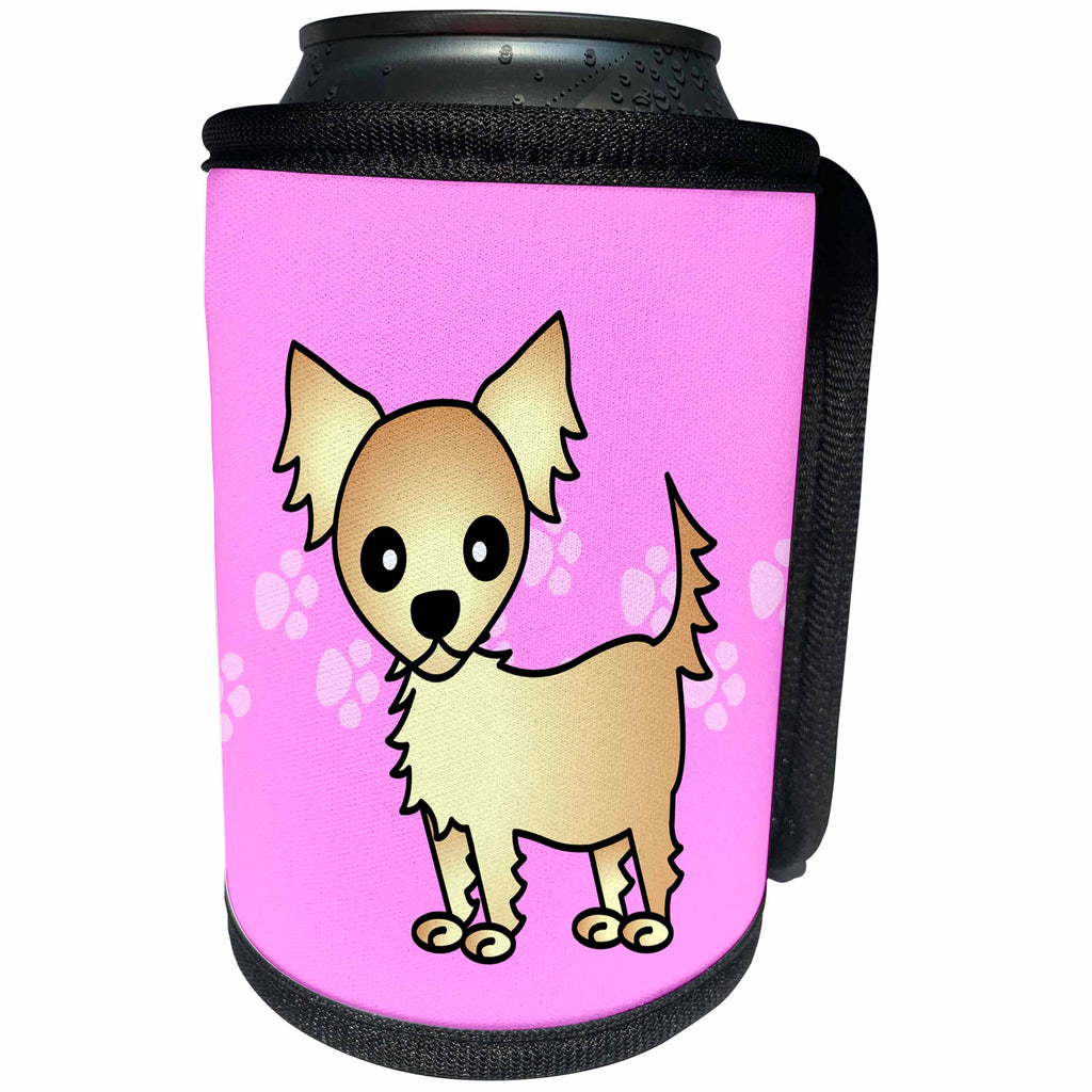 3dRose Janna Salak Designs Dogs - Cute Cream Tan Longhaired Chihuahua Pink with Pawprints - Can Cooler Bottle Wrap (cc_28479)