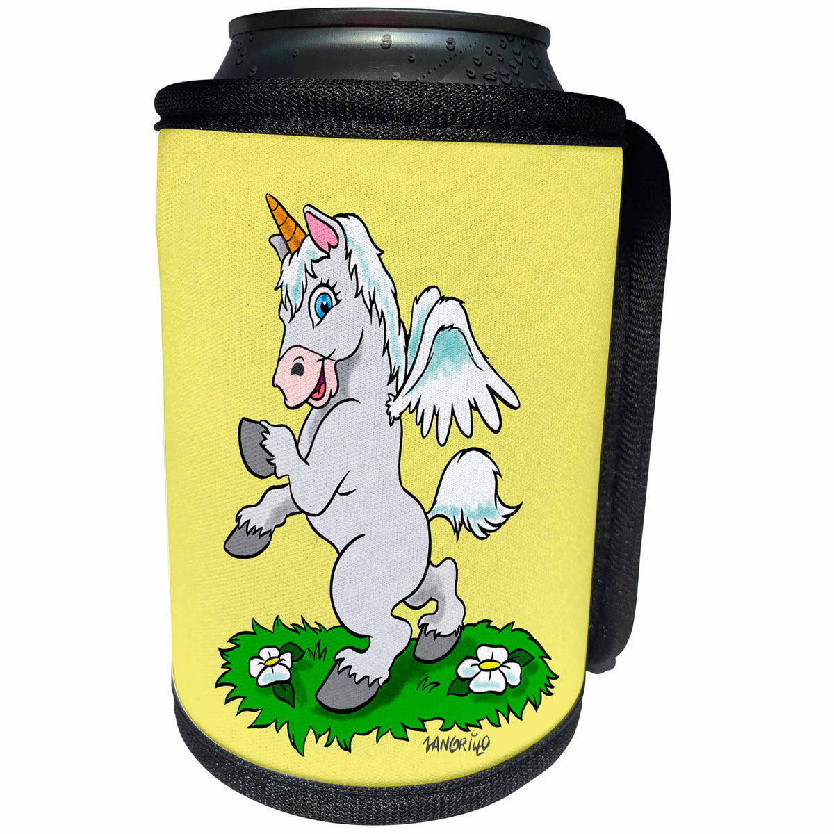 3dRose Mythical - Unicorn Art On Yellow - Can Cooler Bottle Wrap (cc_2848)