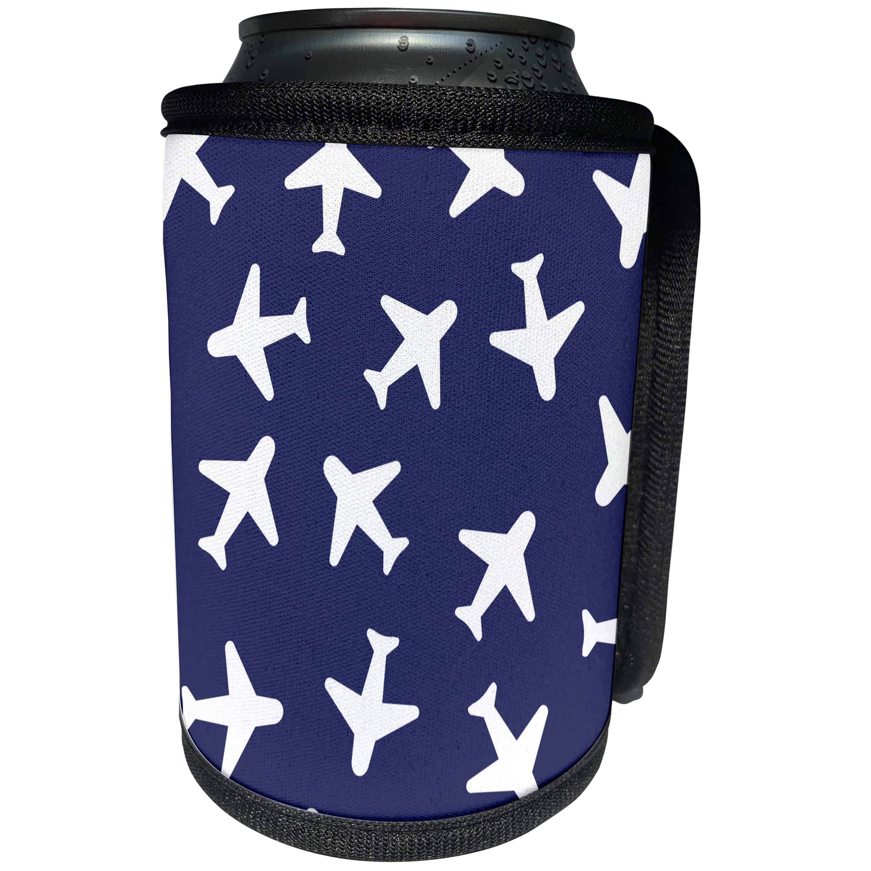 3dRose Janna Salak Designs Trains and Planes - Cute Plane Print Navy Blue and White - Can Cooler Bottle Wrap (cc_28492)