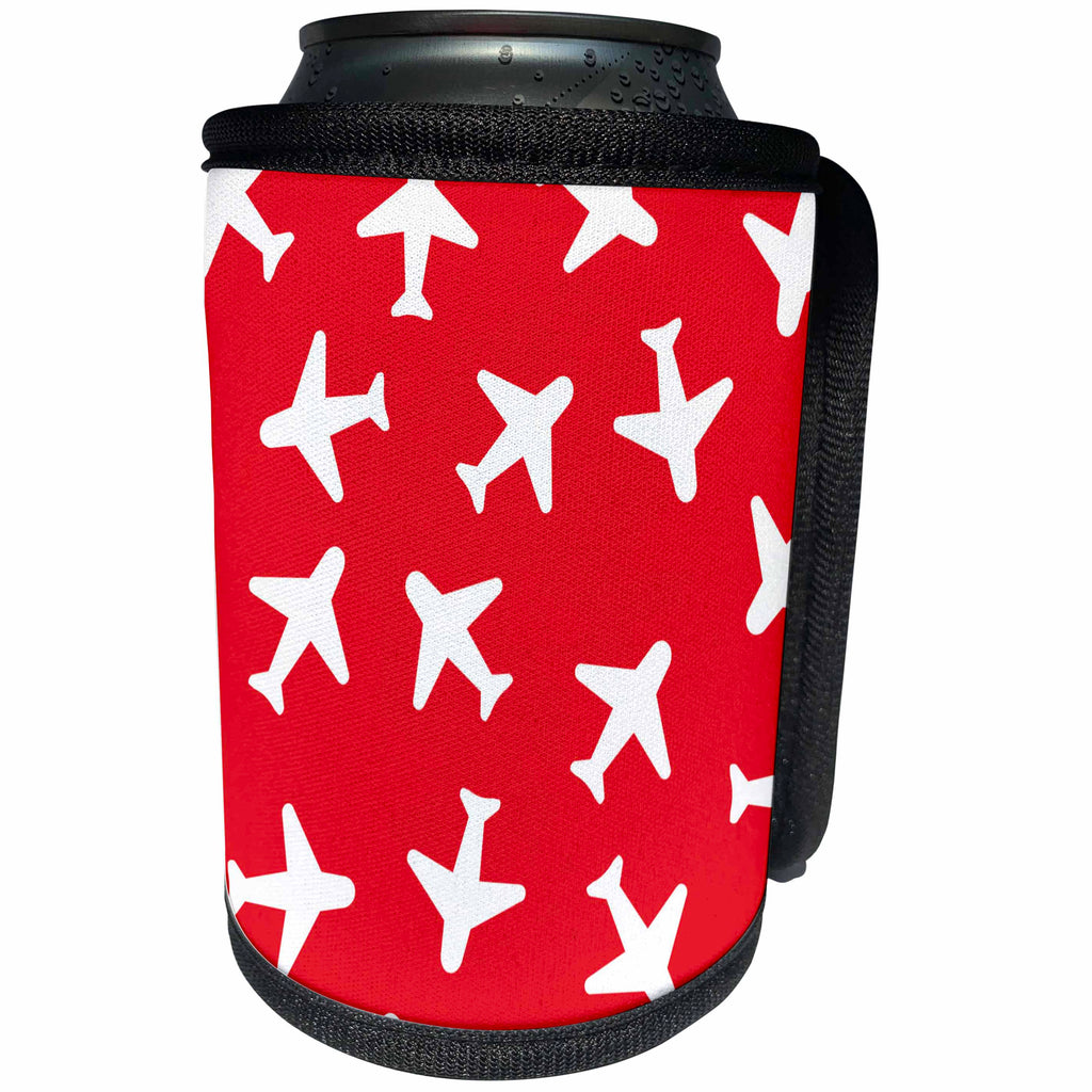 3dRose Janna Salak Designs Trains and Planes - Cute Plane Print Dark Red and White - Can Cooler Bottle Wrap (cc_28493)