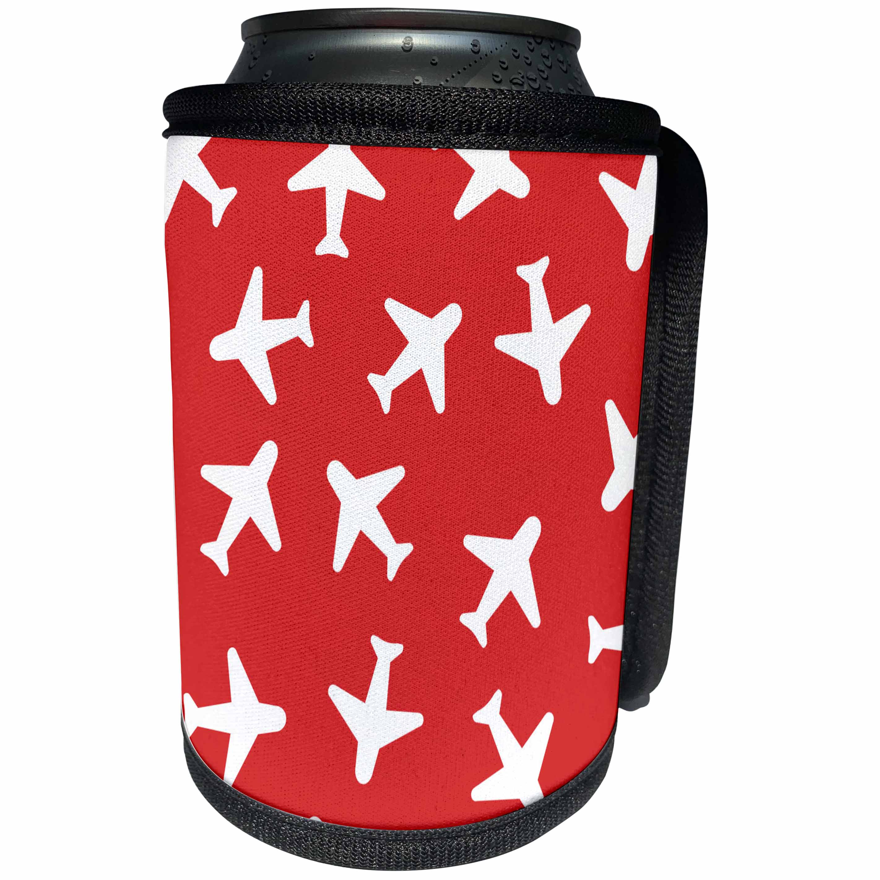 3dRose Janna Salak Designs Trains and Planes - Cute Plane Print Dark Red and White - Can Cooler Bottle Wrap (cc_28493)
