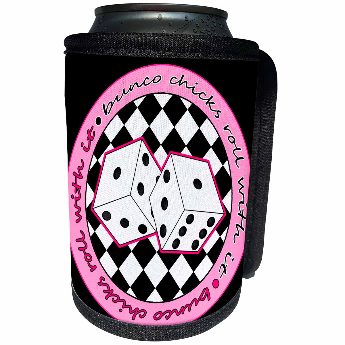 3dRose Janna Salak Designs Bunco - Bunco Chicks Roll With It Pink and Black - Can Cooler Bottle Wrap (cc_28494)