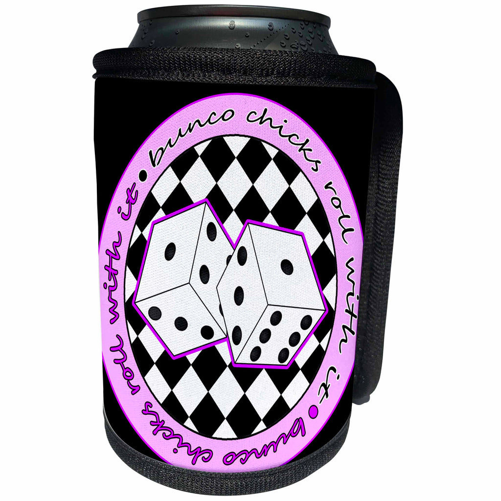 3dRose Janna Salak Designs Bunco - Bunco Chicks Roll With It Purple and Black - Can Cooler Bottle Wrap (cc_28495)