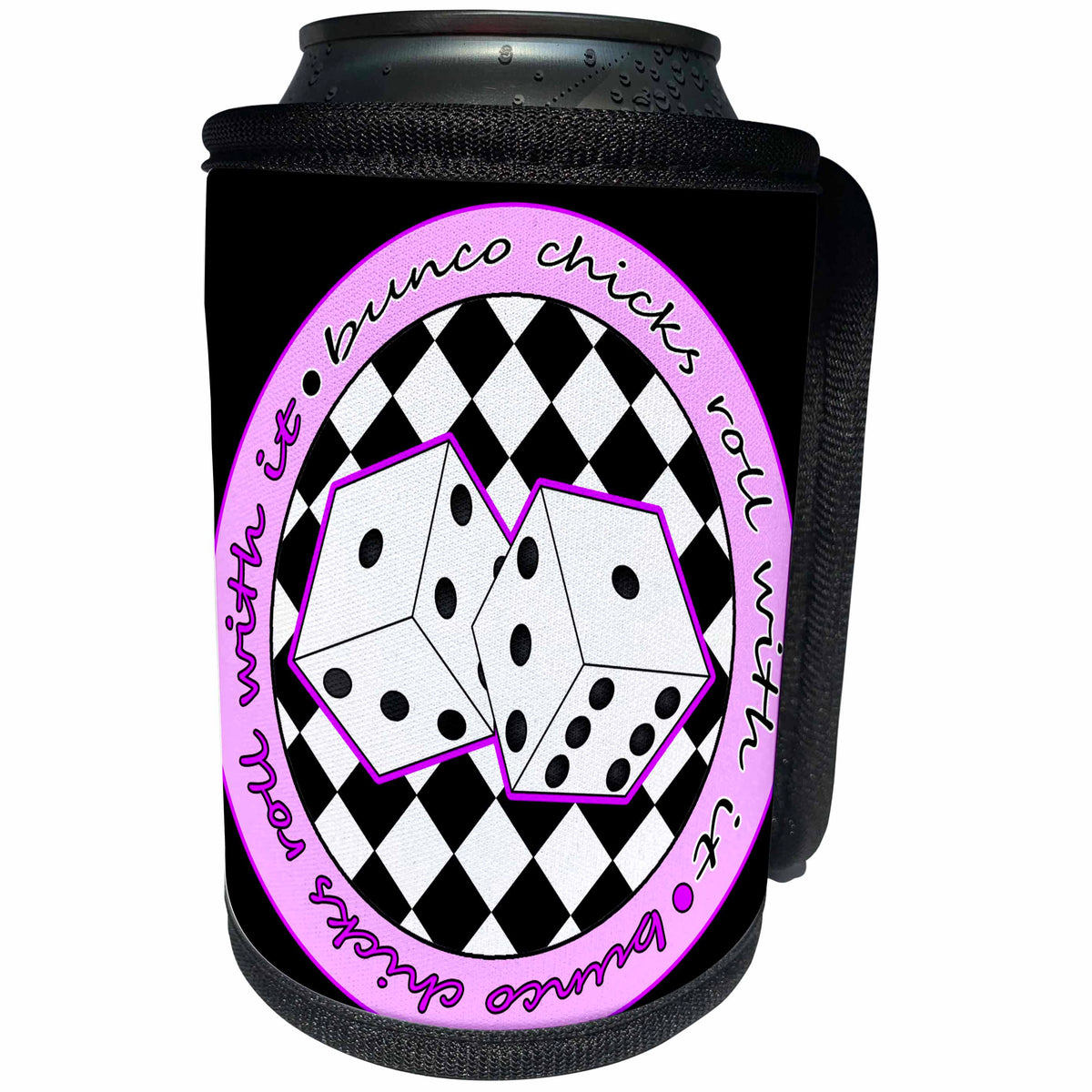 3dRose Janna Salak Designs Bunco - Bunco Chicks Roll With It Purple and Black - Can Cooler Bottle Wrap (cc_28495)
