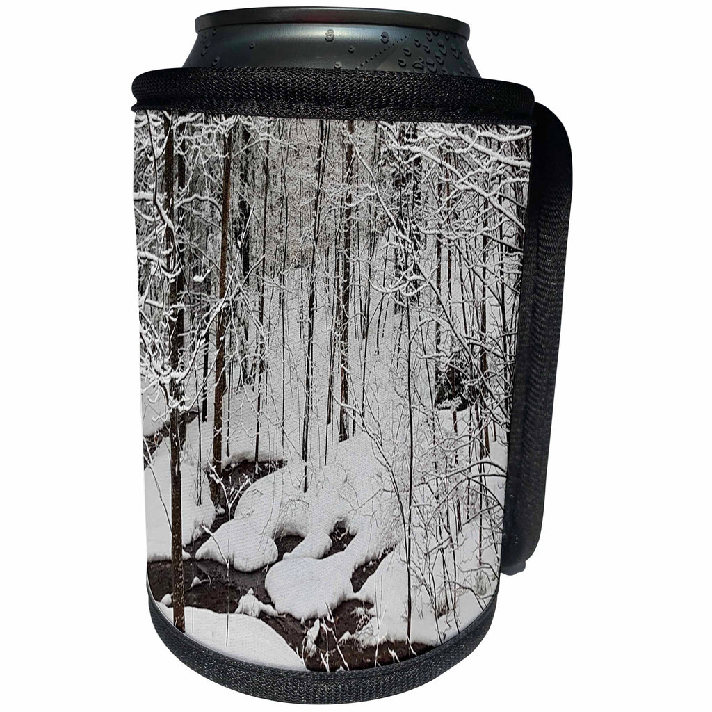 3dRose TDSwhite – Winter Seasonal Nature Photos - Winter Scenic Snow Stream - Can Cooler Bottle Wrap (cc_284957)
