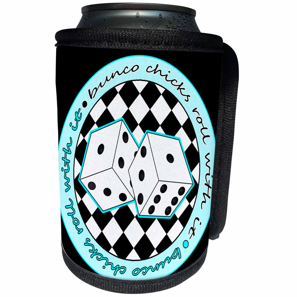 3dRose Janna Salak Designs Bunco - Bunco Chicks Roll With It Blue and Black - Can Cooler Bottle Wrap (cc_28496)