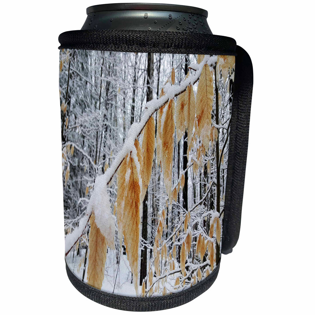 3dRose TDSwhite – Winter Seasonal Nature Photos - Winter Snowy Forest Branch - Can Cooler Bottle Wrap (cc_284963)