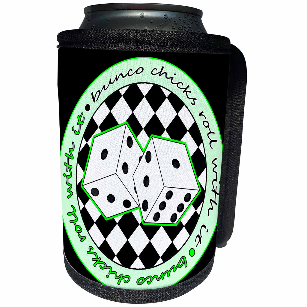 3dRose Janna Salak Designs Bunco - Bunco Chicks Roll With It Green and Black - Can Cooler Bottle Wrap (cc_28497)