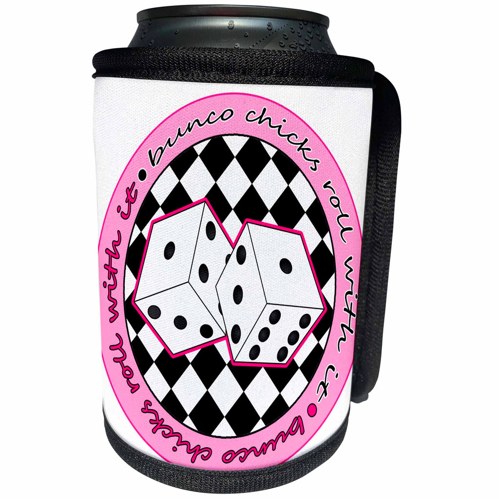3dRose Janna Salak Designs Bunco - Bunco Chicks Roll With It Pink and White - Can Cooler Bottle Wrap (cc_28498)