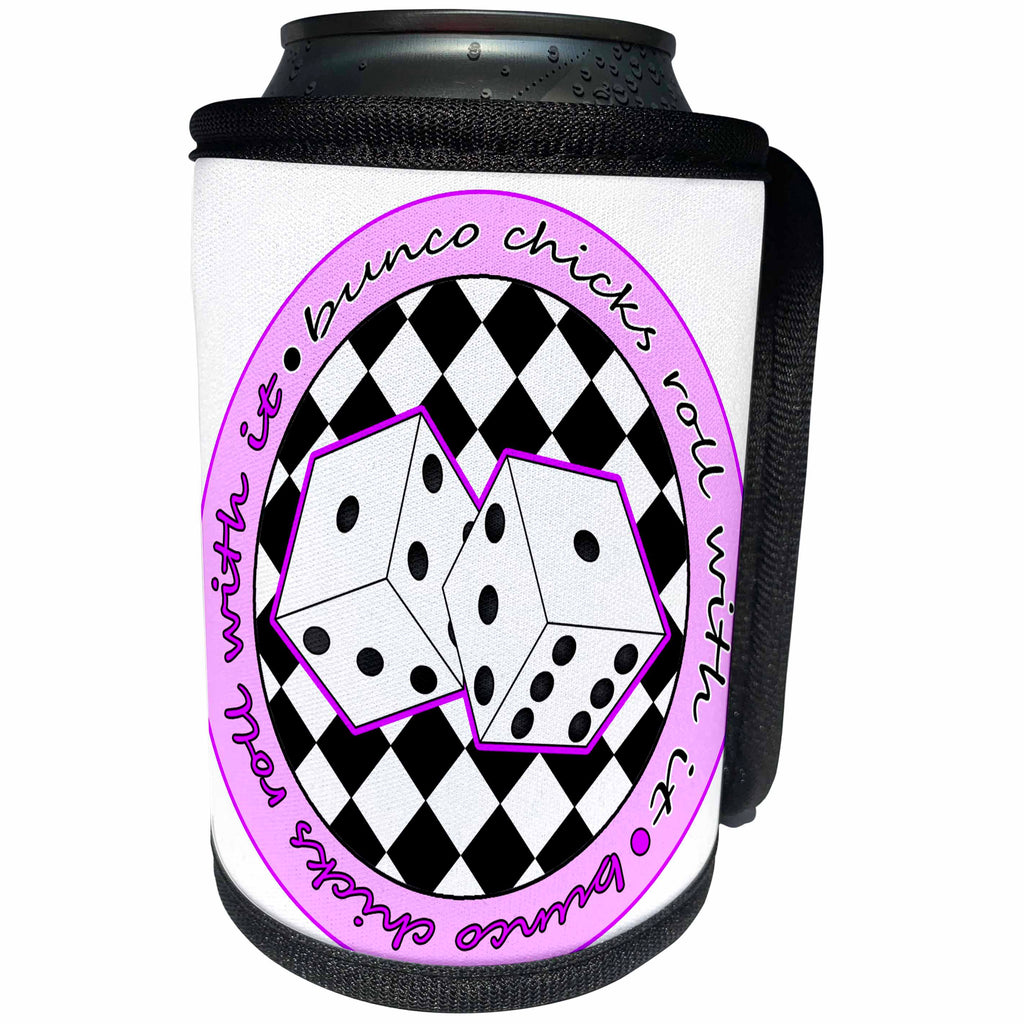 3dRose Janna Salak Designs Bunco - Bunco Chicks Roll With It Purple and White - Can Cooler Bottle Wrap (cc_28499)