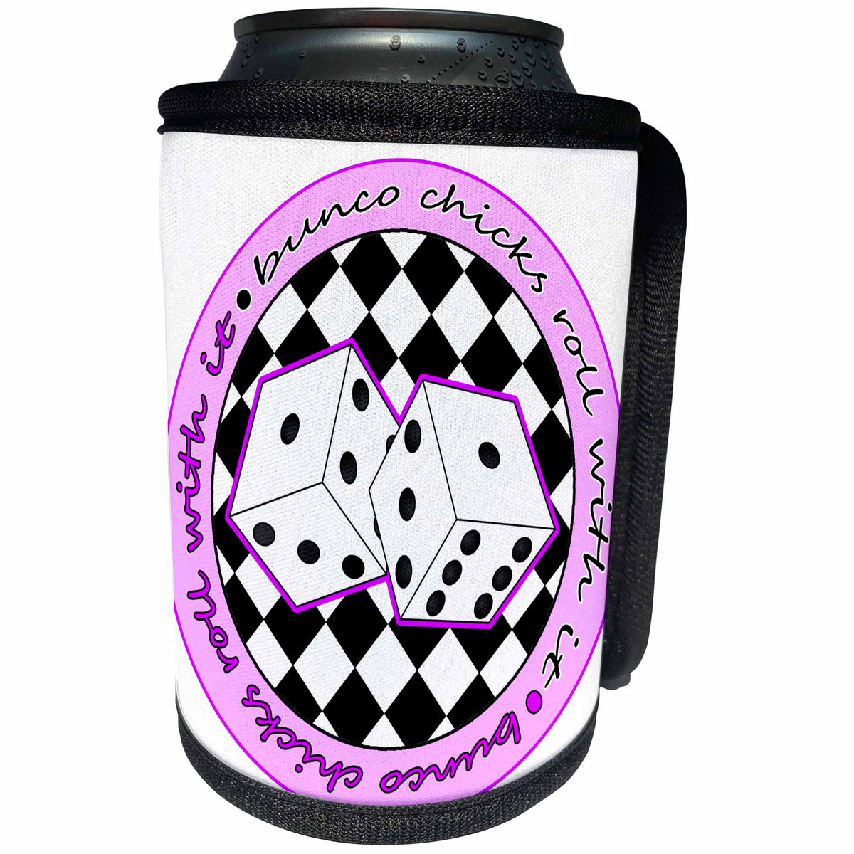 3dRose Janna Salak Designs Bunco - Bunco Chicks Roll With It Purple and White - Can Cooler Bottle Wrap (cc_28499)
