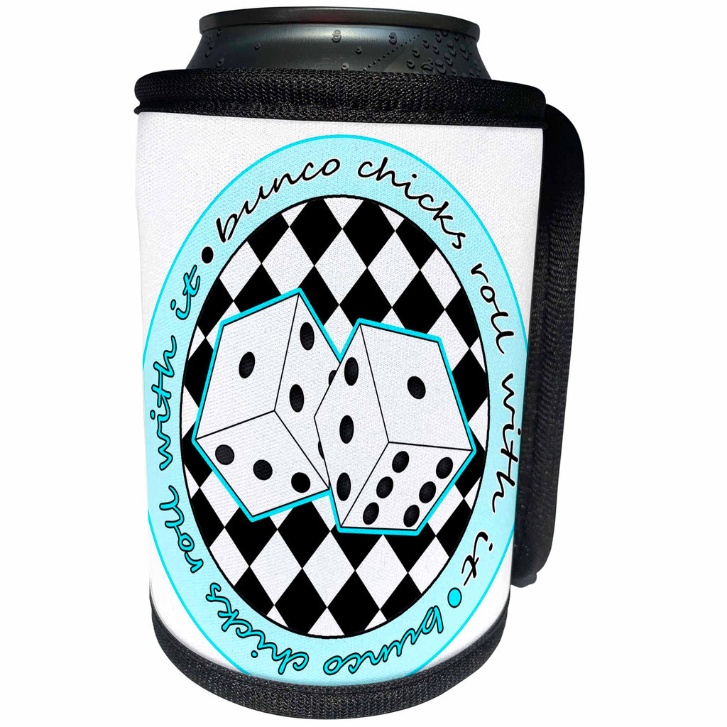 3dRose Janna Salak Designs Bunco - Bunco Chicks Roll With It Blue and White - Can Cooler Bottle Wrap (cc_28500)
