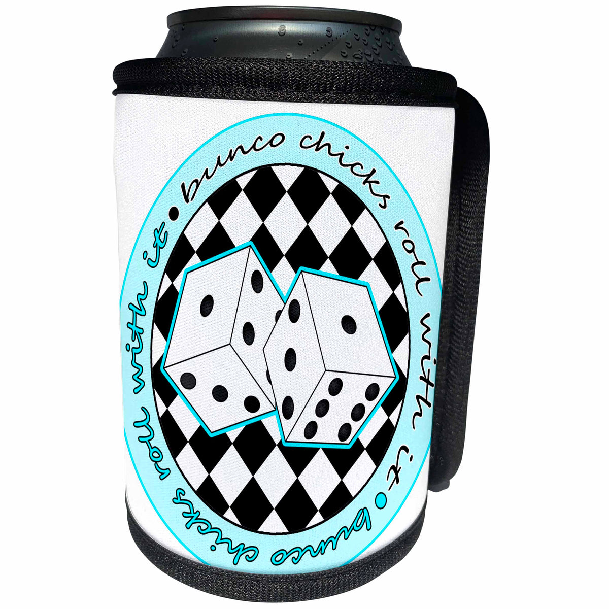 3dRose Janna Salak Designs Bunco - Bunco Chicks Roll With It Blue and White - Can Cooler Bottle Wrap (cc_28500)