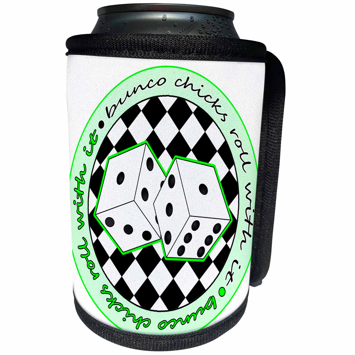 3dRose Janna Salak Designs Bunco - Bunco Chicks Roll With It Green and White - Can Cooler Bottle Wrap (cc_28501)