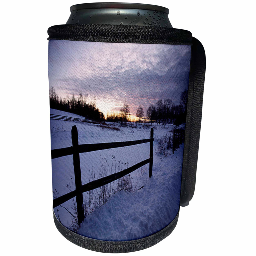 3dRose TDSwhite – Winter Seasonal Nature Photos - Winter Theme Daybreak Sunrise Fence - Can Cooler Bottle Wrap (cc_285019)