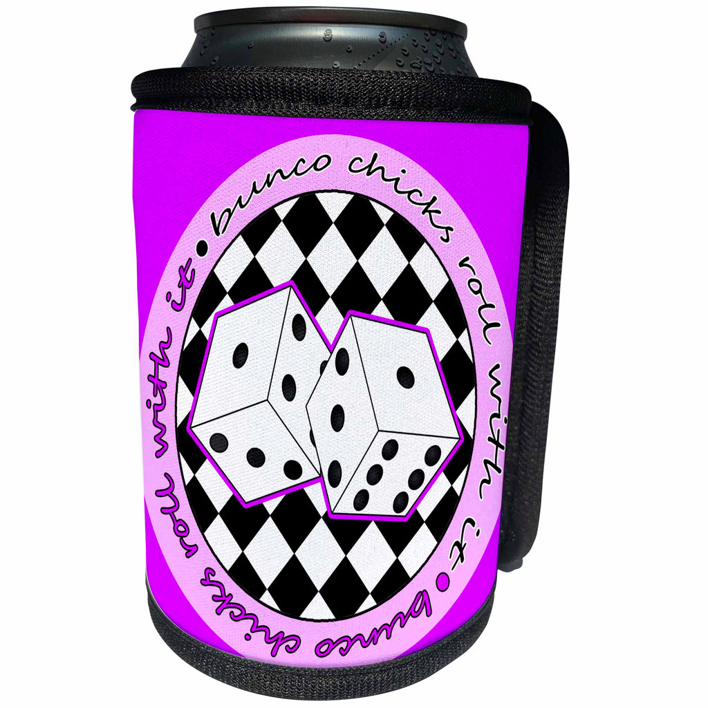 3dRose Janna Salak Designs Bunco - Bunco Chicks Roll With It Purple - Can Cooler Bottle Wrap (cc_28503)