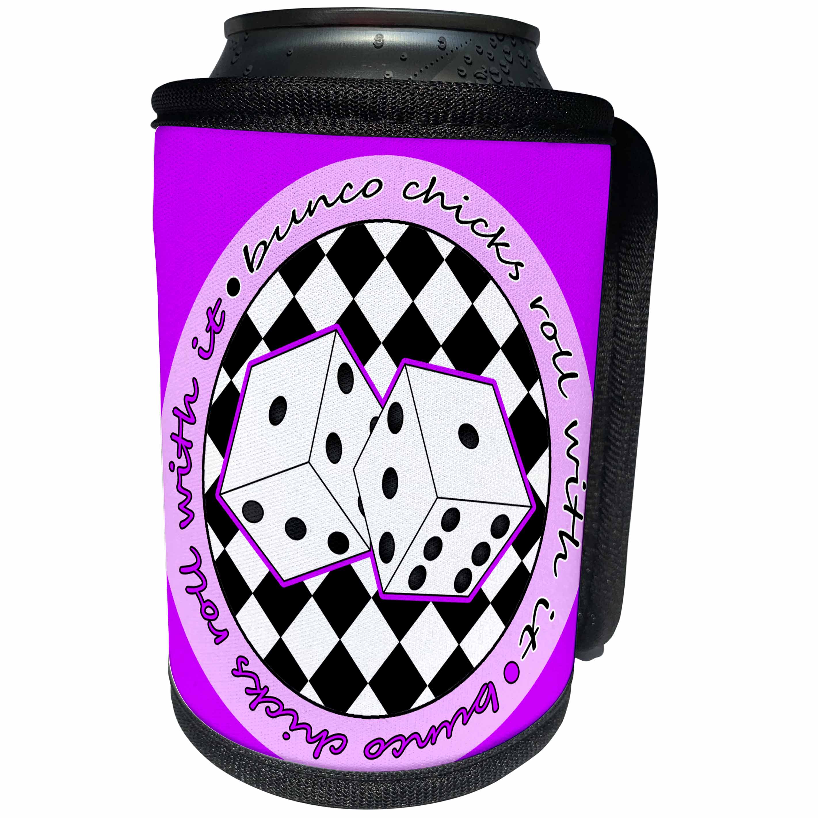 3dRose Janna Salak Designs Bunco - Bunco Chicks Roll With It Purple - Can Cooler Bottle Wrap (cc_28503)