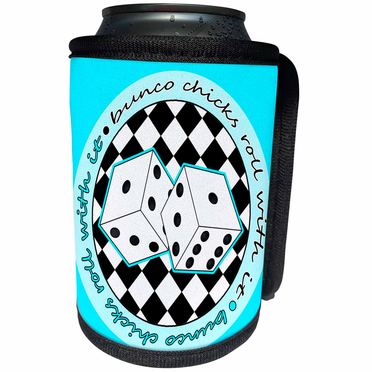 3dRose Janna Salak Designs Bunco - Bunco Chicks Roll With It Blue - Can Cooler Bottle Wrap (cc_28504)