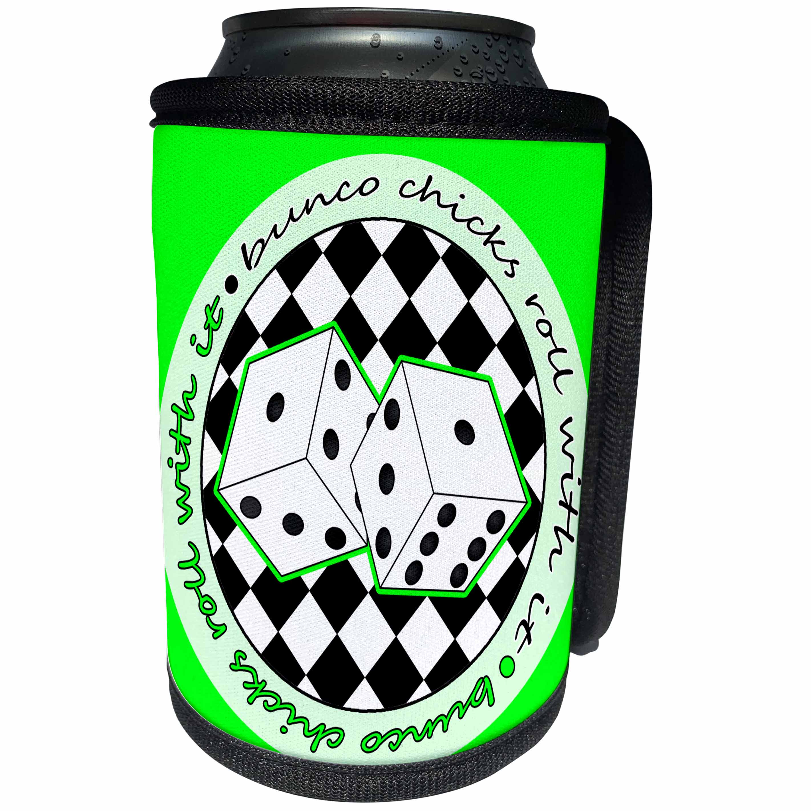 3dRose Janna Salak Designs Bunco - Bunco Chicks Roll With It Green - Can Cooler Bottle Wrap (cc_28505)