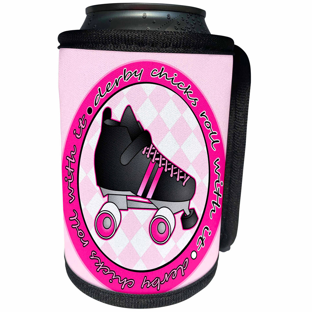 3dRose Janna Salak Designs Roller Derby - Derby Chicks Roll With It Pink with Black Roller Skate - Can Cooler Bottle Wrap (cc_28506)