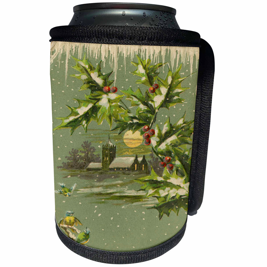 3dRose TDSwhite – Christmas Holidays Xmas - Rustic Vintage Country Church Snow Birds Nature Scene - Can Cooler Bottle Wrap (cc_285074)