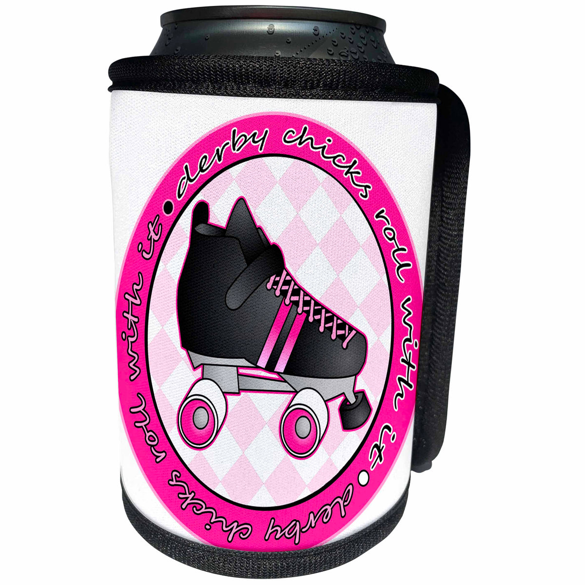 3dRose Janna Salak Designs Roller Derby - Derby Chicks Roll With It Pink and White with Black Roller Skate - Can Cooler Bottle Wrap (cc_28508)
