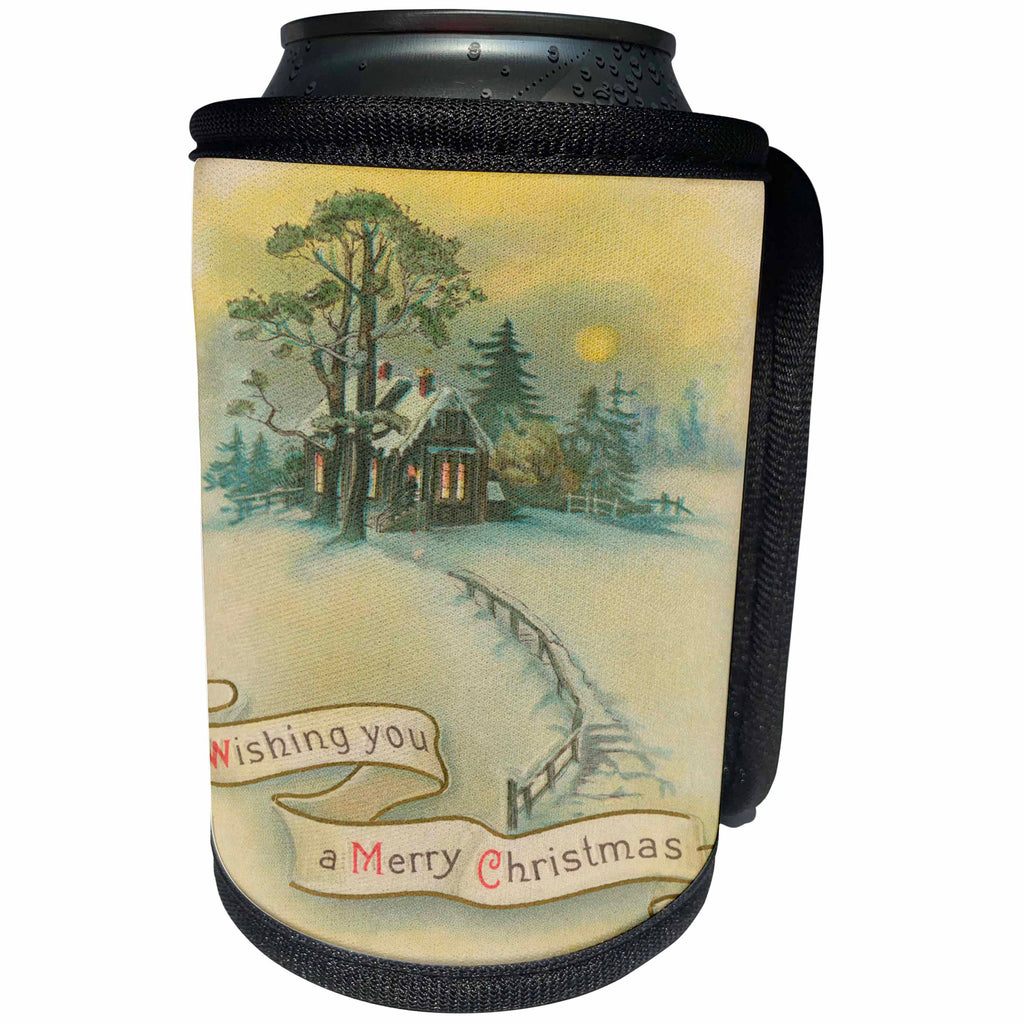 3dRose TDSwhite – Christmas Holidays Xmas - Vintage Christmas Wishes Country Scene Winter Day - Can Cooler Bottle Wrap (cc_285082)