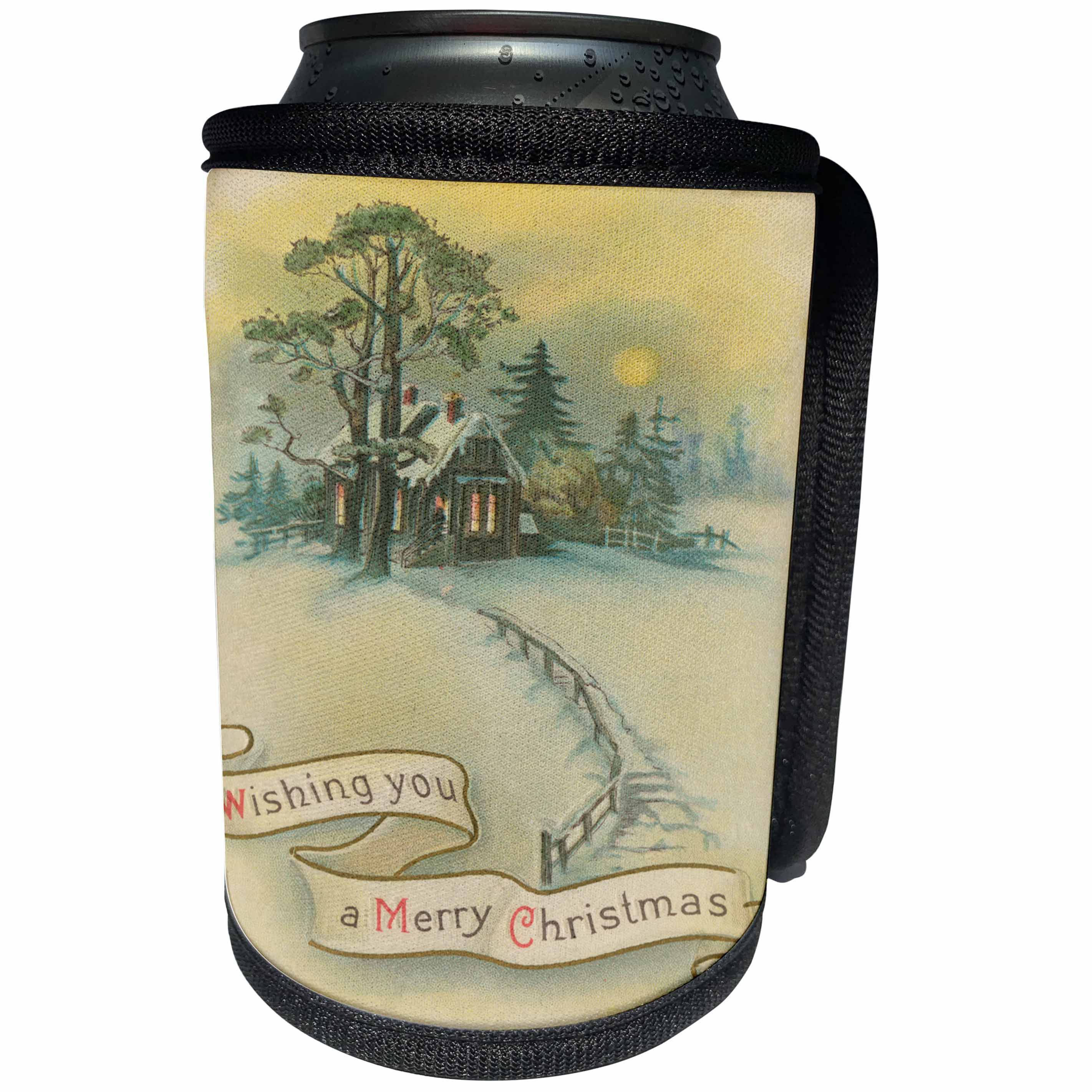3dRose TDSwhite – Christmas Holidays Xmas - Vintage Christmas Wishes Country Scene Winter Day - Can Cooler Bottle Wrap (cc_285082)