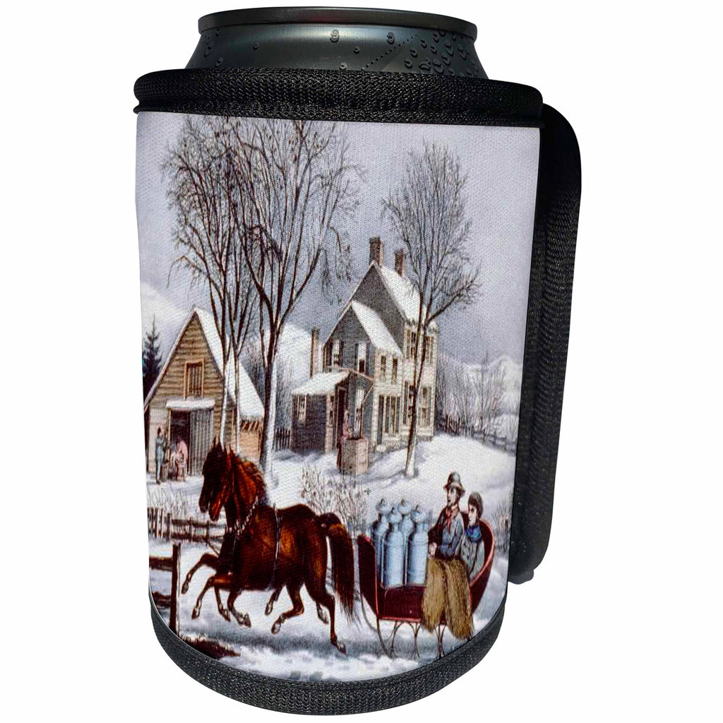 3dRose TDSwhite – Christmas Holidays Xmas - Vintage Currier and Ives Horse Drawn Sleigh Winter - Can Cooler Bottle Wrap (cc_285083)