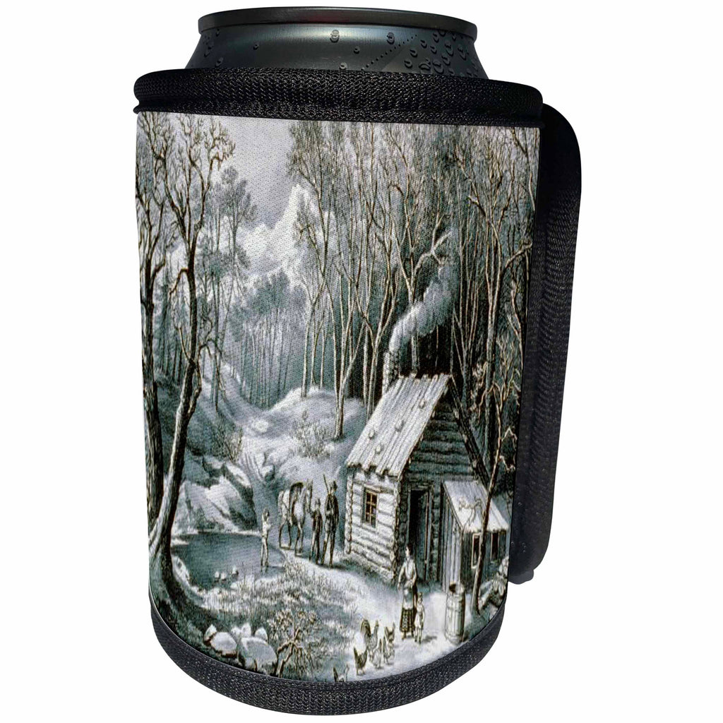 3dRose TDSwhite – Christmas Holidays Xmas - Vintage Currier and Ives Wilderness Log Cabin Woods - Can Cooler Bottle Wrap (cc_285084)