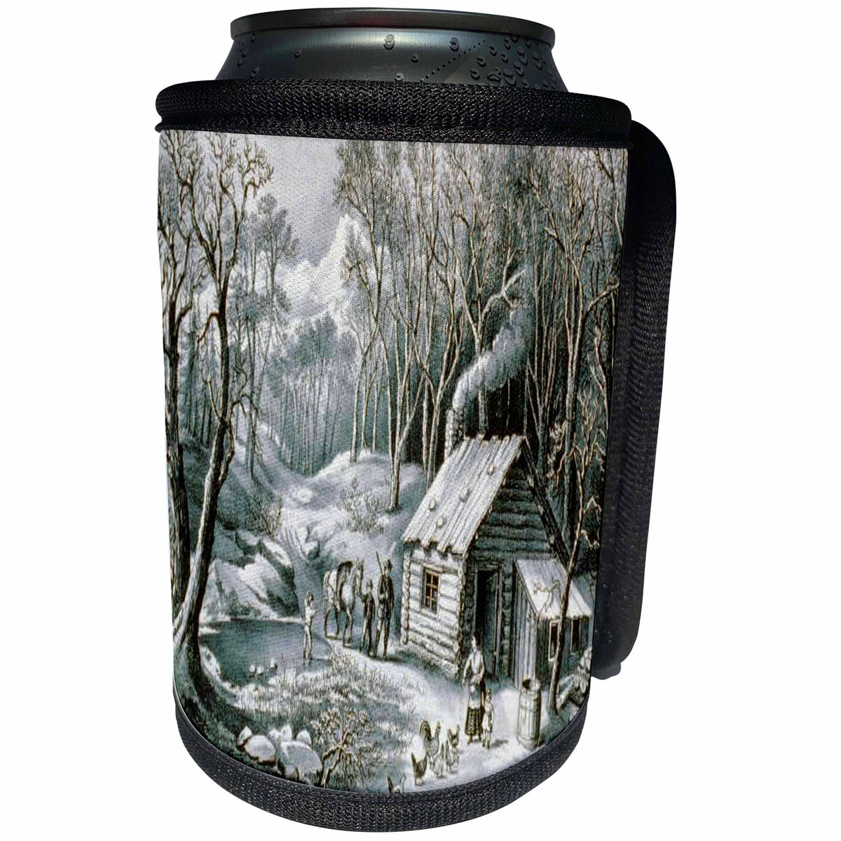 3dRose TDSwhite – Christmas Holidays Xmas - Vintage Currier and Ives Wilderness Log Cabin Woods - Can Cooler Bottle Wrap (cc_285084)