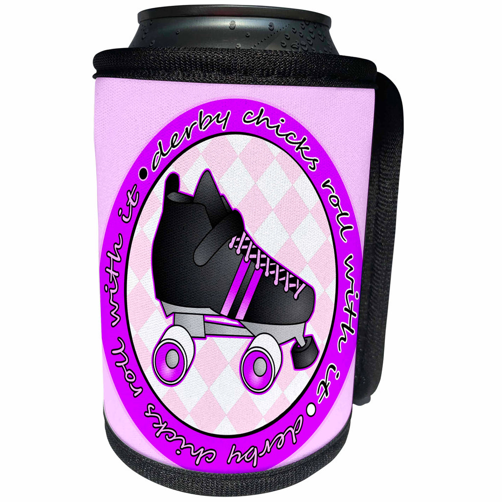 3dRose Janna Salak Designs Roller Derby - Derby Chicks Roll With It Purple with Black Roller Skate - Can Cooler Bottle Wrap (cc_28509)