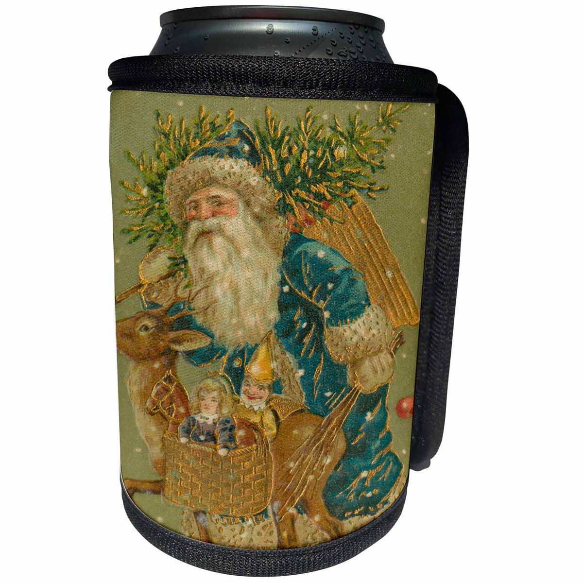 3dRose TDSwhite – Christmas Holidays Xmas - Vintage Old Fashioned Santa Claus Chrismas Tree Reindeer Toys - Can Cooler Bottle Wrap (cc_285091)