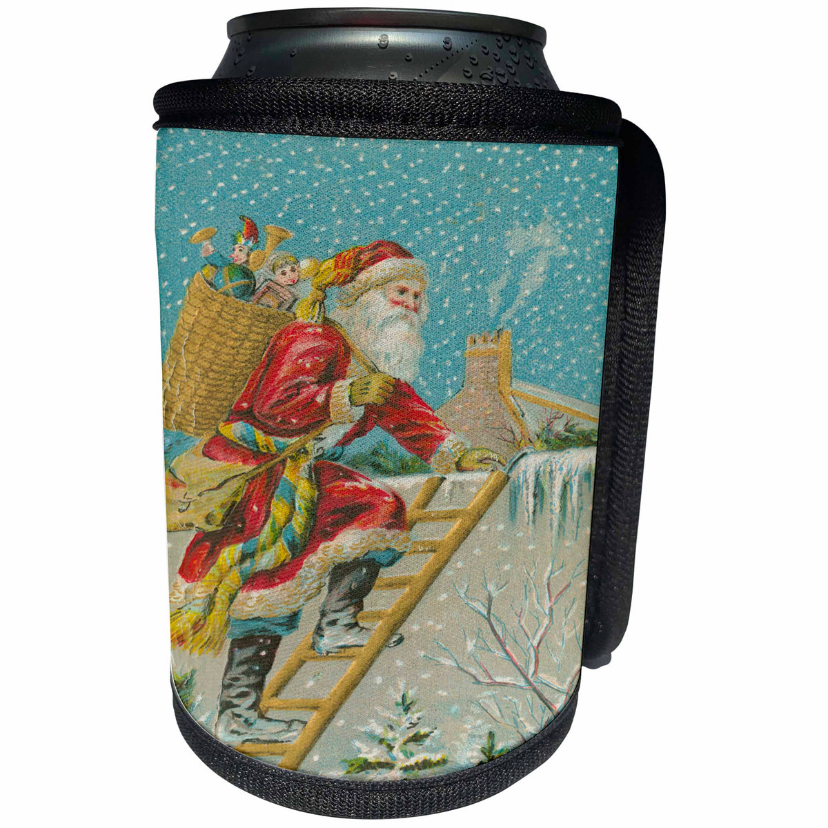 3dRose TDSwhite – Christmas Holidays Xmas - Vintage Santa Claus Delivers Toys Chimney Christmas Eve - Can Cooler Bottle Wrap (cc_285094)
