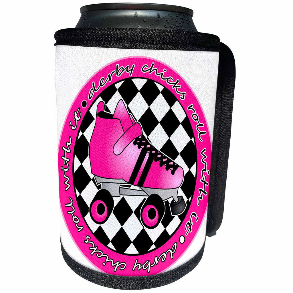 3dRose Janna Salak Designs Roller Derby - Derby Chicks Roll With It Hot Pink Roller Skate and White - Can Cooler Bottle Wrap (cc_28518)