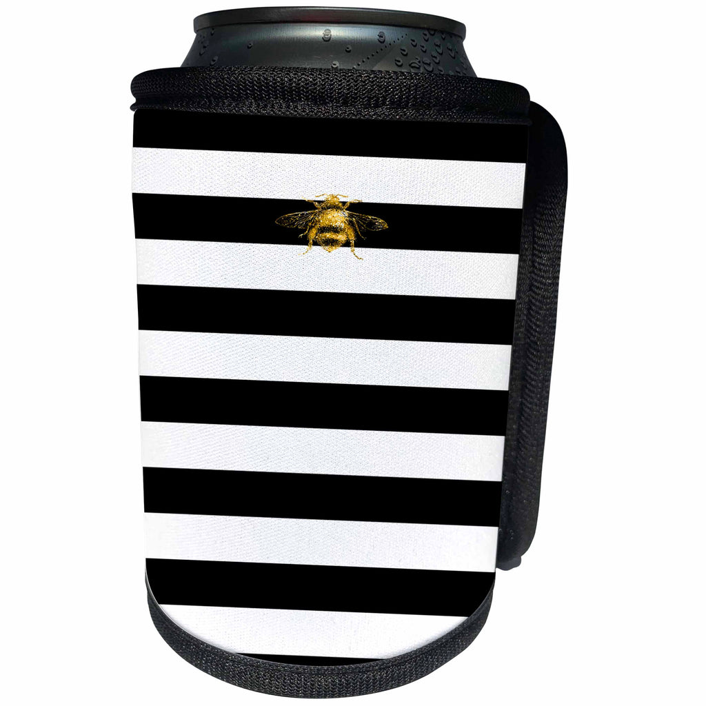 3dRose TDSwhite – Patterns Designs - Black White Stripes Horizontal Golden Bee - Can Cooler Bottle Wrap (cc_285183)