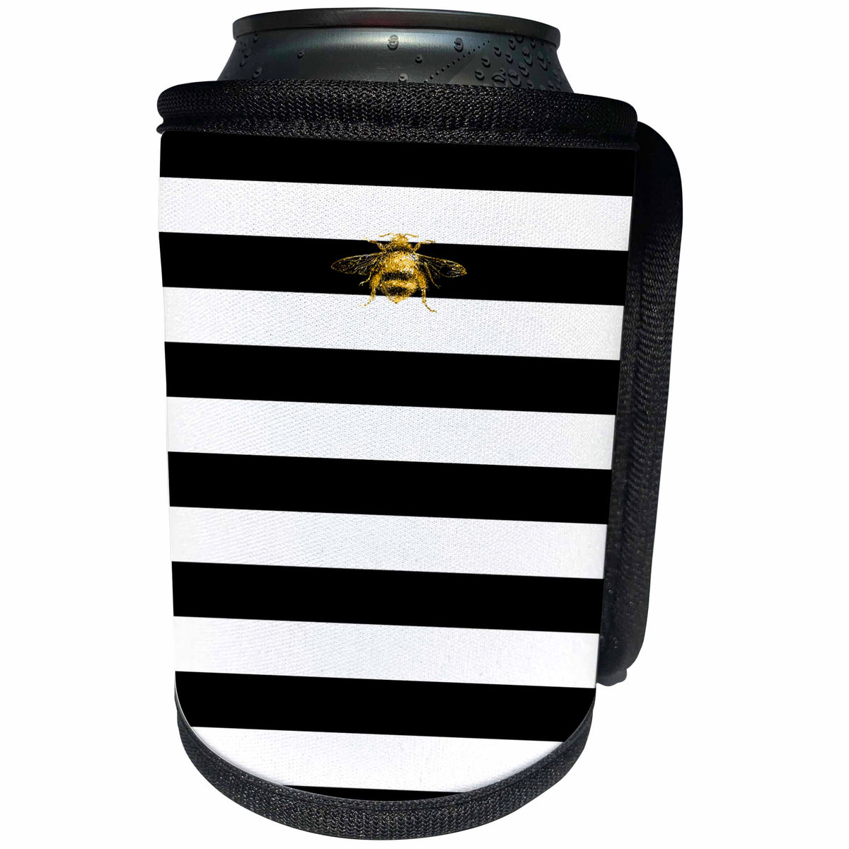 3dRose TDSwhite – Patterns Designs - Black White Stripes Horizontal Golden Bee - Can Cooler Bottle Wrap (cc_285183)