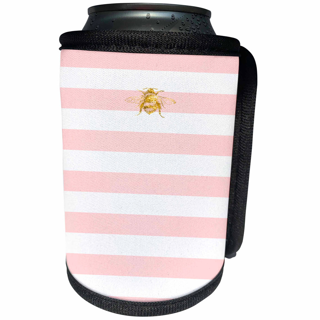 3dRose TDSwhite – Patterns Designs - Blush Pink White Stripes Horizontal Golden Bee - Can Cooler Bottle Wrap (cc_285185)