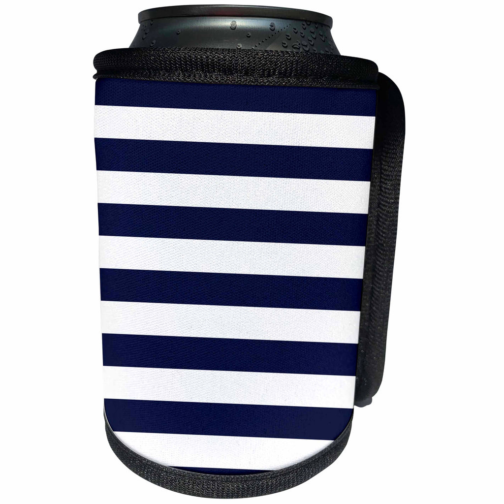 3dRose TDSwhite – Patterns Designs - Navy Blue White Stripes Horizontal - Can Cooler Bottle Wrap (cc_285188)