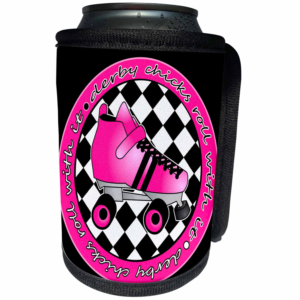 3dRose Janna Salak Designs Roller Derby - Derby Chicks Roll With It Hot Pink Roller Skate and Black - Can Cooler Bottle Wrap (cc_28519)