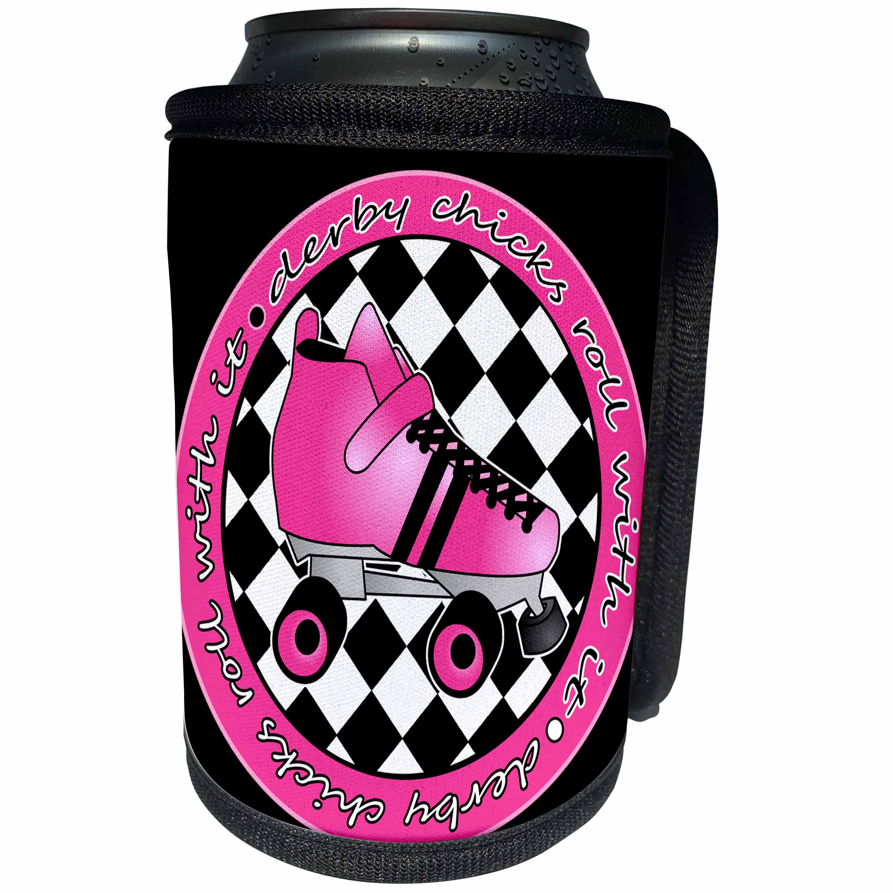 3dRose Janna Salak Designs Roller Derby - Derby Chicks Roll With It Hot Pink Roller Skate and Black - Can Cooler Bottle Wrap (cc_28519)