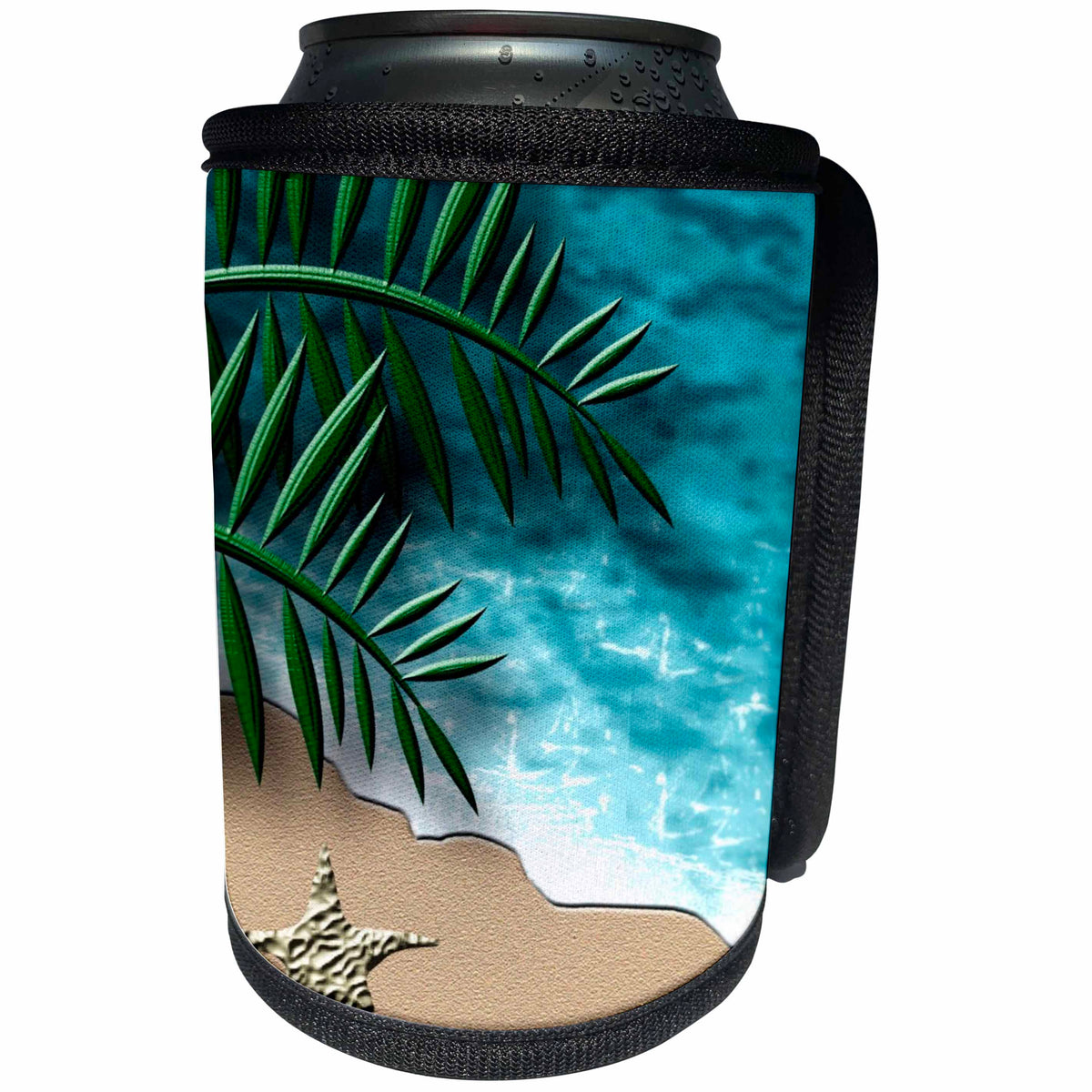 3dRose TDSwhite – Patterns Designs - Stylized Beach Scene Shoreline Ocean Sand Starfish - Can Cooler Bottle Wrap (cc_285209)