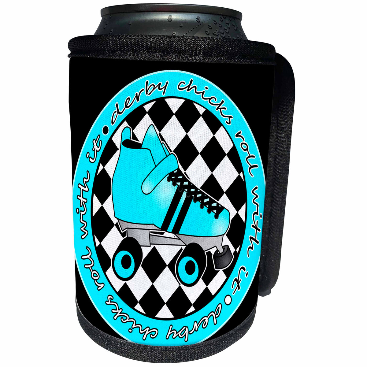 3dRose Janna Salak Designs Roller Derby - Derby Chicks Roll With It Aqua Blue Roller Skate and White - Can Cooler Bottle Wrap (cc_28521)
