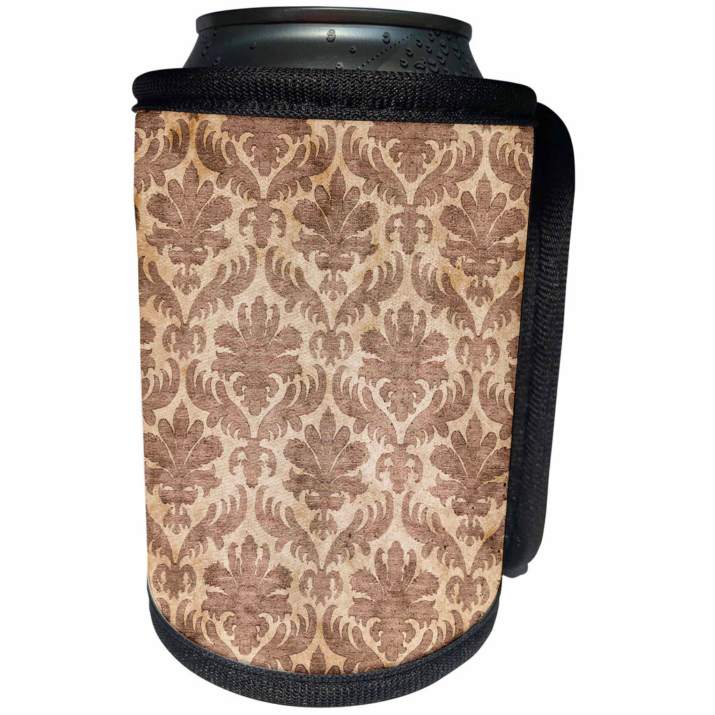 3dRose TDSwhite – Patterns Designs - Brown Damask Floral Design - Can Cooler Bottle Wrap (cc_285228)