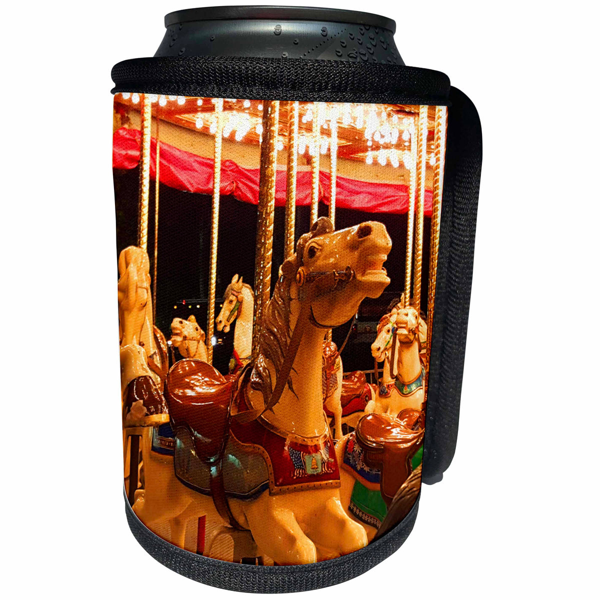 3dRose TDSwhite – Miscellaneous Photography - Carousel Merry Go Round Hobby Horses Lit Up Night - Can Cooler Bottle Wrap (cc_285286)