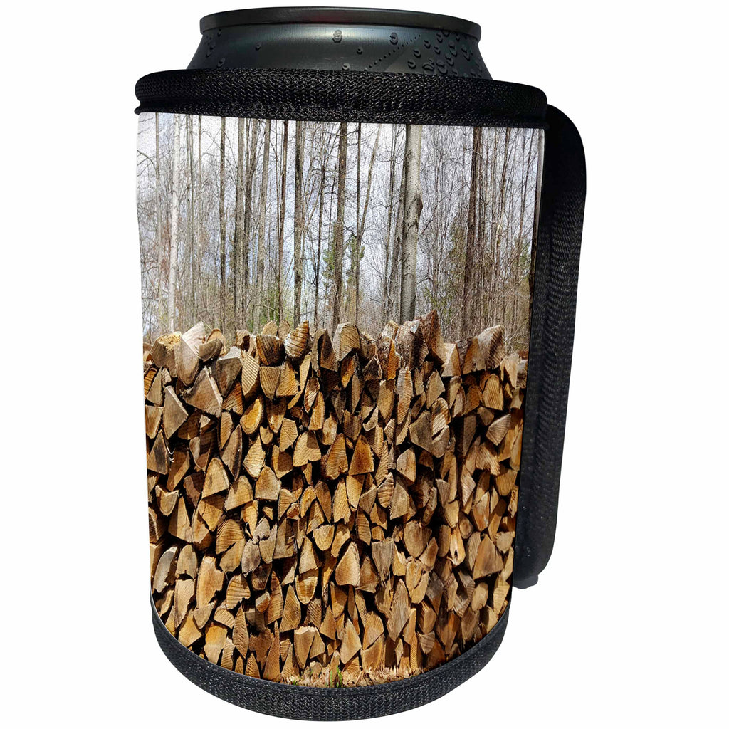 3dRose TDSwhite – Miscellaneous Photography - Rural Woodpile Rustic Trees - Can Cooler Bottle Wrap (cc_285308)