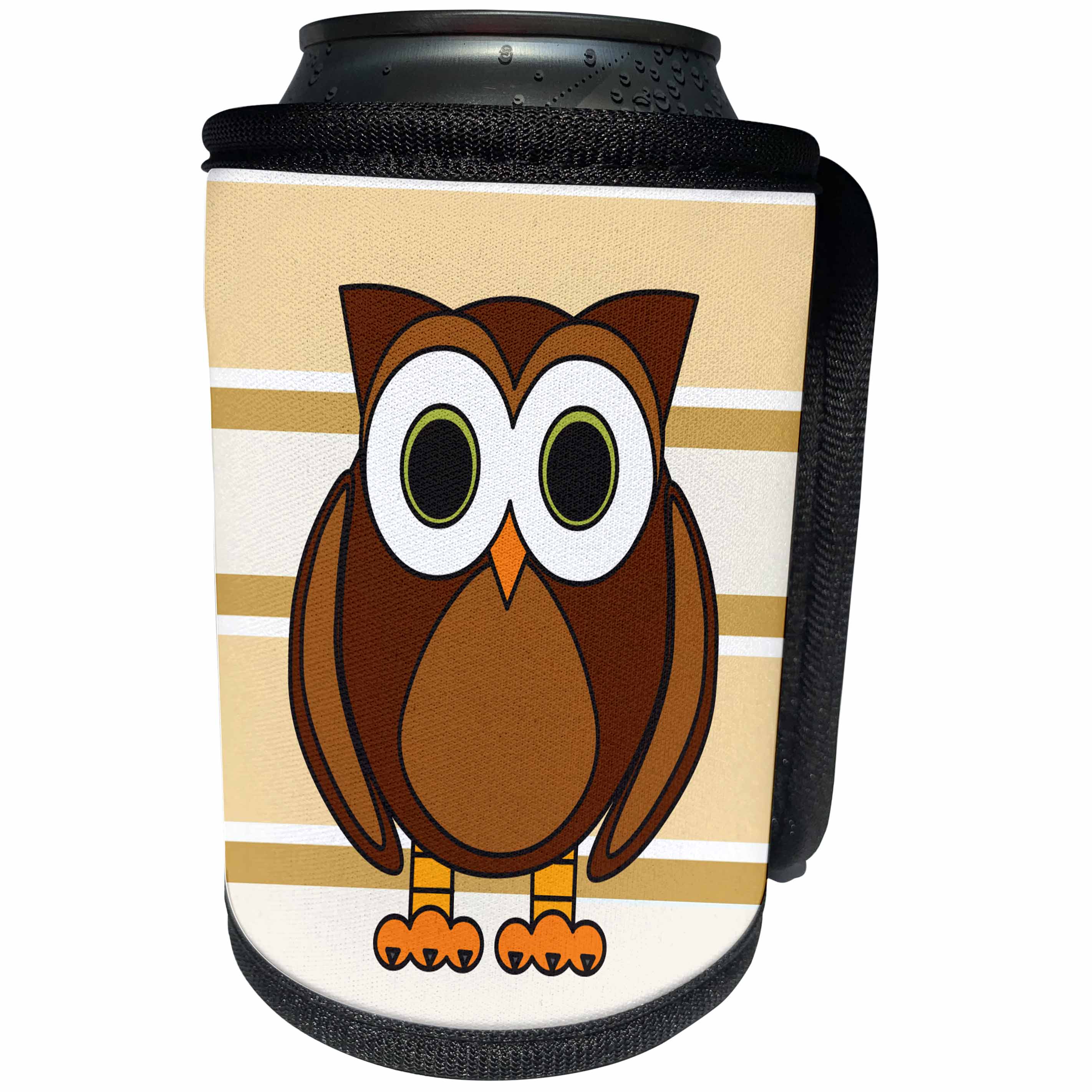 3dRose Janna Salak Designs Woodland Creatures - Cute Brown Owl Cream Taupe Stripe - Can Cooler Bottle Wrap (cc_28532)